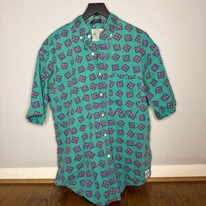 SALTY DOG 100% Cotton Teal, Blue, Red Patterned Men's Collard Button Down Shirt